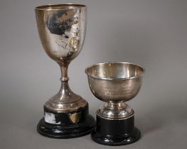 A silver trophy cup on stemmed foot, Sheffield 1924, to/w a bowl, Birmingham 1929, 11.9oz total,