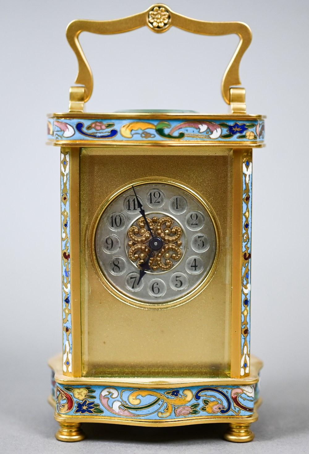 A French cloisonné panelled gilt carriage clock with single drum movement, 13.5 cm high - Image 3 of 7
