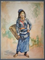 Tun Tin - Study of a young woman with a basket, watercolour, signed and dated '37 lower left, 34.5 x