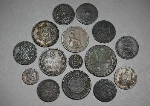 A selection of Georgian and later copper Regional coins and tokens including North Wales Farthing