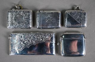 An engraved silver hip-pocket visiting card case, Cohen & Charles, Birmingham 1918, to/w four