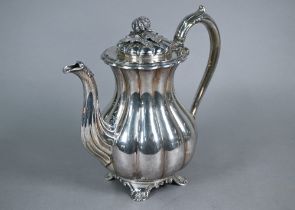 A Barker-Ellis retail heavy quality silver coffee pot of reeded baluster form with melon finial