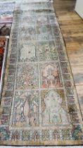 A Persian part silk runner, with tree of life and garden tile designs, 295 cm x 95 cm