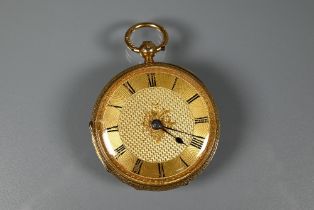 An 18ct gold cased open face fob watch, London 1876, key wind movement with engine turned gilt dial,