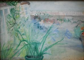 Alison Debenham (1903-1967) - Pot of flowers with garden beyond, watercolour and gouache, 25.5 x