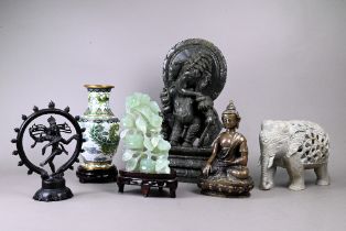 A box of miscellaneous Asian collectables including a gilt metal Shakyamuni Buddha on lotus
