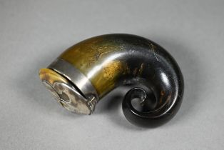 A 19th century Scottish ram's horn snuff mull with unmarked white metal mounts engraved 'Alexr.