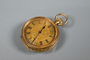 A small 18K French pocket watch, with engraved gilt dial, crown wind, 33 mm dia., all-in 37.5g