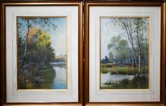 Octavius Rickatson (1856-1941) - A pair of river views with silver birches, watercolour, signed,