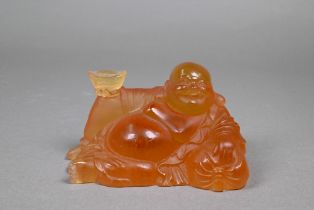 A French Daum pate de verre amber glass figure of Budai Hoshang (Lauging Buddha) signed 'Daum