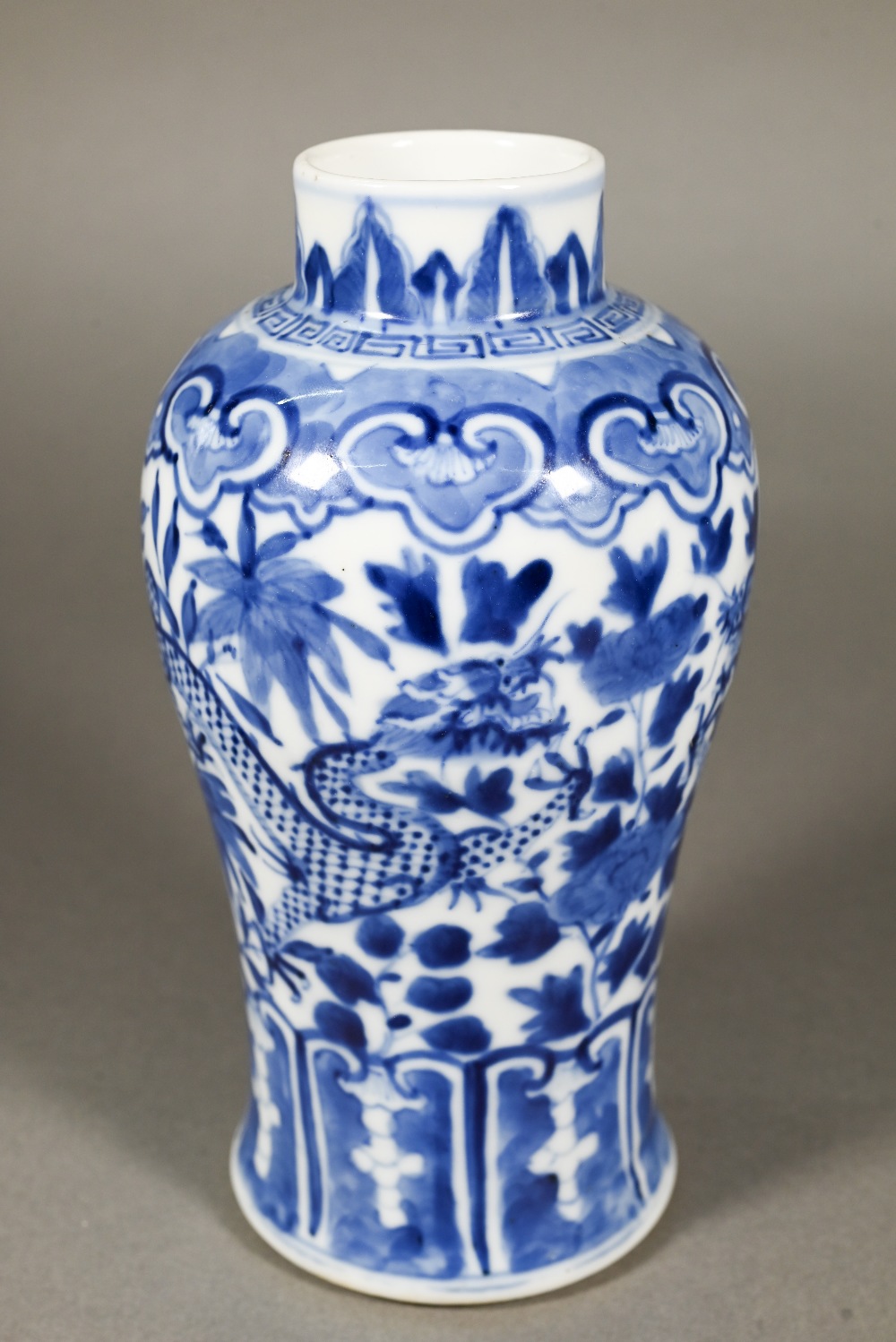 A 19th century Chinese blue and white baluster vase painted with two dragons, Kangxi four- - Image 8 of 10