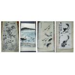 Four traditional Chinese paper and silk scroll paintings including two in the Qi Baishi style