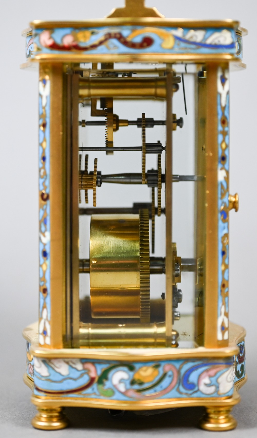 A French cloisonné panelled gilt carriage clock with single drum movement, 13.5 cm high - Image 5 of 7