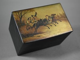 An antique Russian lacquered tea-box, the cover painted with figures in a summer troika, the