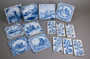 Eight 18th century Dutch Delft tiles painted with coastal landscapes and shipping, 13 cm square,