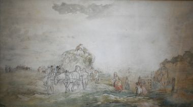 English school - Villagers at harvest time, pencil and wash sketch, indistinctly signed lower