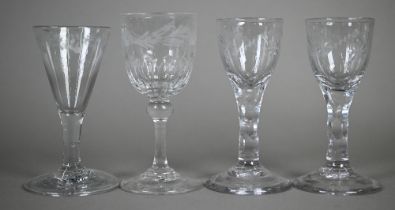 A pair of German cordial glasses with cut and etched decoration, facetted stems and conical foot,