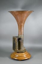 A vintage bronze mounted copper ships trumpet fog horn, numbered 51673 and cast 154 317 3, mounted