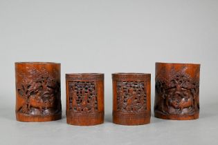 Two pairs of late 19th or early 20th century Chinese bamboo brush pots, late Qing or Republic