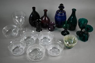 Various Georgian and later coloured glass, including an amethyst flask, writhen bottle and two cream