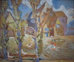 Knowles - An impressionistic farmyard scene with lady hoeing, gouache, signed lower right, 32 x 38