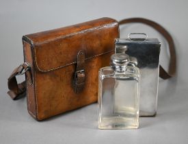 A leather-cased hunting picnic set, comprising a silver-topped flask, Charles Fox & Co Ltd, London