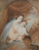 19th century French school - Madonna and Child with adoring Maji and boar, watercolour, indistinctly