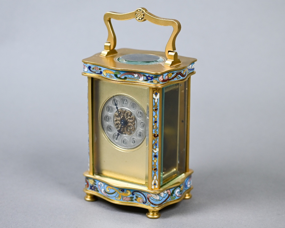A French cloisonné panelled gilt carriage clock with single drum movement, 13.5 cm high