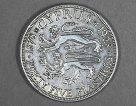CYPRUS. BRITISH. George VI, 1936-52. Silver 45 piastres, 1928. London. Struck to commemorate 50