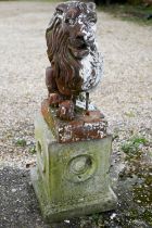 A Victorian terracotta seated lion by Tamar & Coalville Ltd, on rectangular base, 55 cm h, heavily