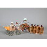 Seven 20th century Chinese snuff bottles including one inside decorated glass portrait example in