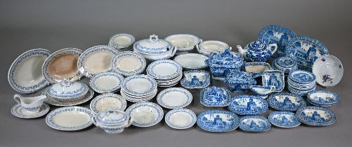 A quantity of Victorian blue and white pottery 'traveller's samples' or doll's dinner ware, 87 pcs -