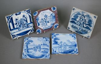 Five 18th century Delft blue and white tiles, painted with figures - two Biblical subjects, the