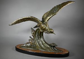 Limousin, a large vertical patinated cast alloy sea hawk sculpture, signed to oval composite base,