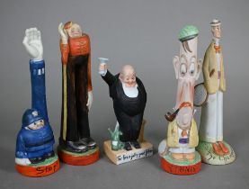 Five Schafer & Vater (Germany) novelty bisque figures - Stop! (a policeman), Tennis, The Champion,