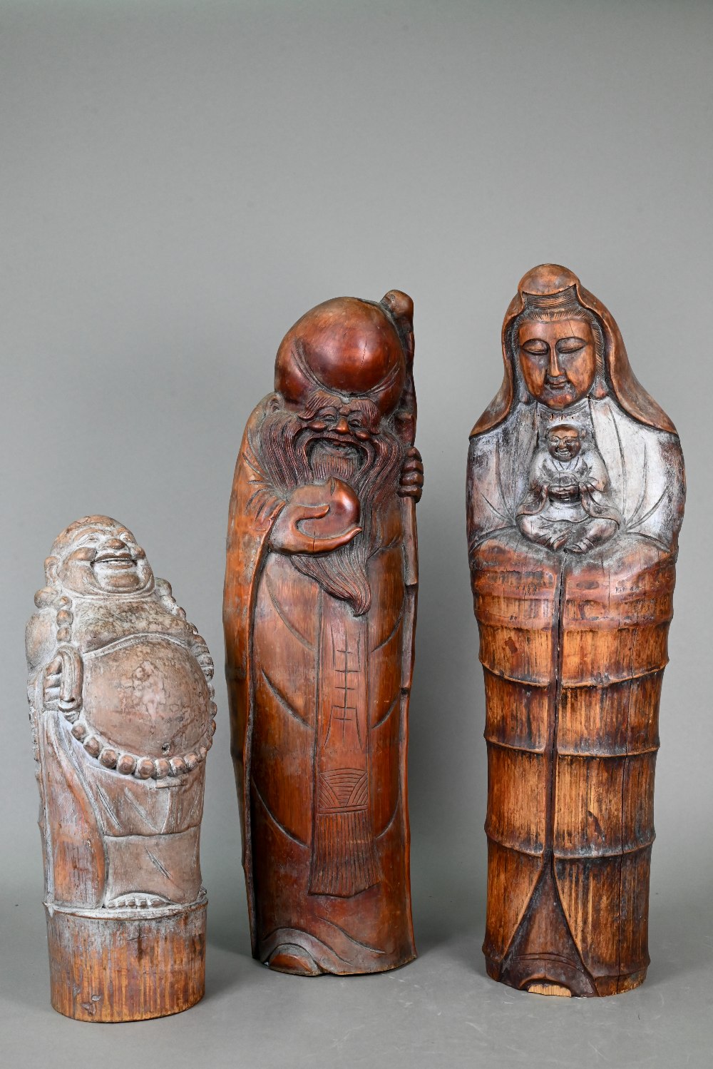 Two early 20th century Chinese carved bamboo figures, Shou-Lao and Guanyin, both 52 cm high to/w a