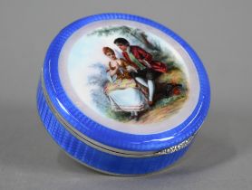 A German .935 standard silver and enamel circular box, the cover finely painted with an 18th Century