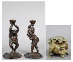 Two 20th century Japanese spelter candlesticks modelled as Kappa, the reptilian kami/yokai from