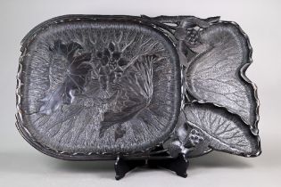 A 19th century Japanese naturalistic carved hardwood lotus tray, Meiji period (1868-1912) 80 cm x 50