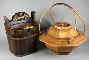 A 20th century Chinese hardwood brass mounted teapot caddy/carrier carved with happiness symbol (