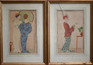 Two Art Deco style pochoire studies of women in the manner of Georges Barbier, 44 x 28 cm (2)