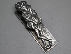 A Victorian silver novelty spring-clip, featuring a humorous ecstatic troubadour, Rosenthal, Jacob &