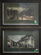 A pair of early 20th century watercolour views at night of a busy Hong Kong street and a park