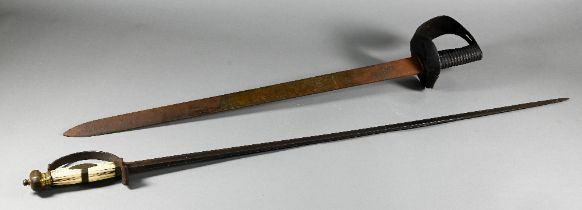 An early 19th Century sword with 82cm fullered blade, stirrup guard with reeded ivory 9cm grip and