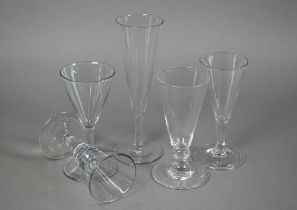 Five various ale glasses with funnel bowls - one with conical foot and one with folded foot, 19 - 13