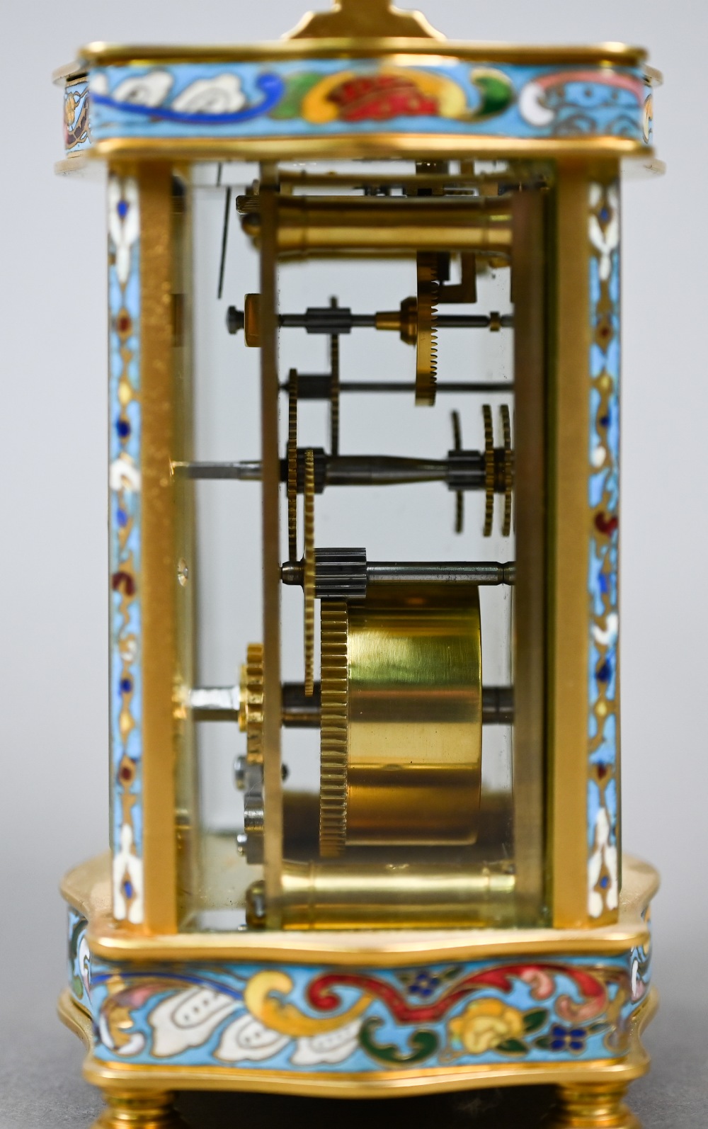 A French cloisonné panelled gilt carriage clock with single drum movement, 13.5 cm high - Image 4 of 7