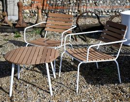 A contemporary three piece teak slat garden tea for two set, comprising a circular table and pair of