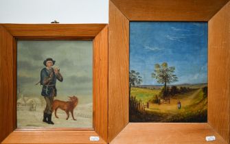 Continental school - Man smoking a pipe, a dog at feet, oil on panel, 23 x 19 cm to/w Naive