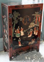 A Japanese black lacquered and polychrome pictorial decorated cabinet, 62 cm x 31 cm x 92 cm h,