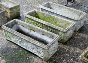 A trio of weathered cast stone rectangular planters by 'Paul 1983' (3)